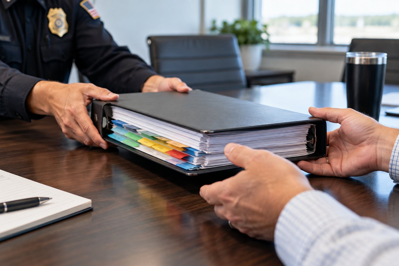 A uniformed DOT auditor handing a thick tabbed compliance binder back across a conference table into the hands of a fleet owner