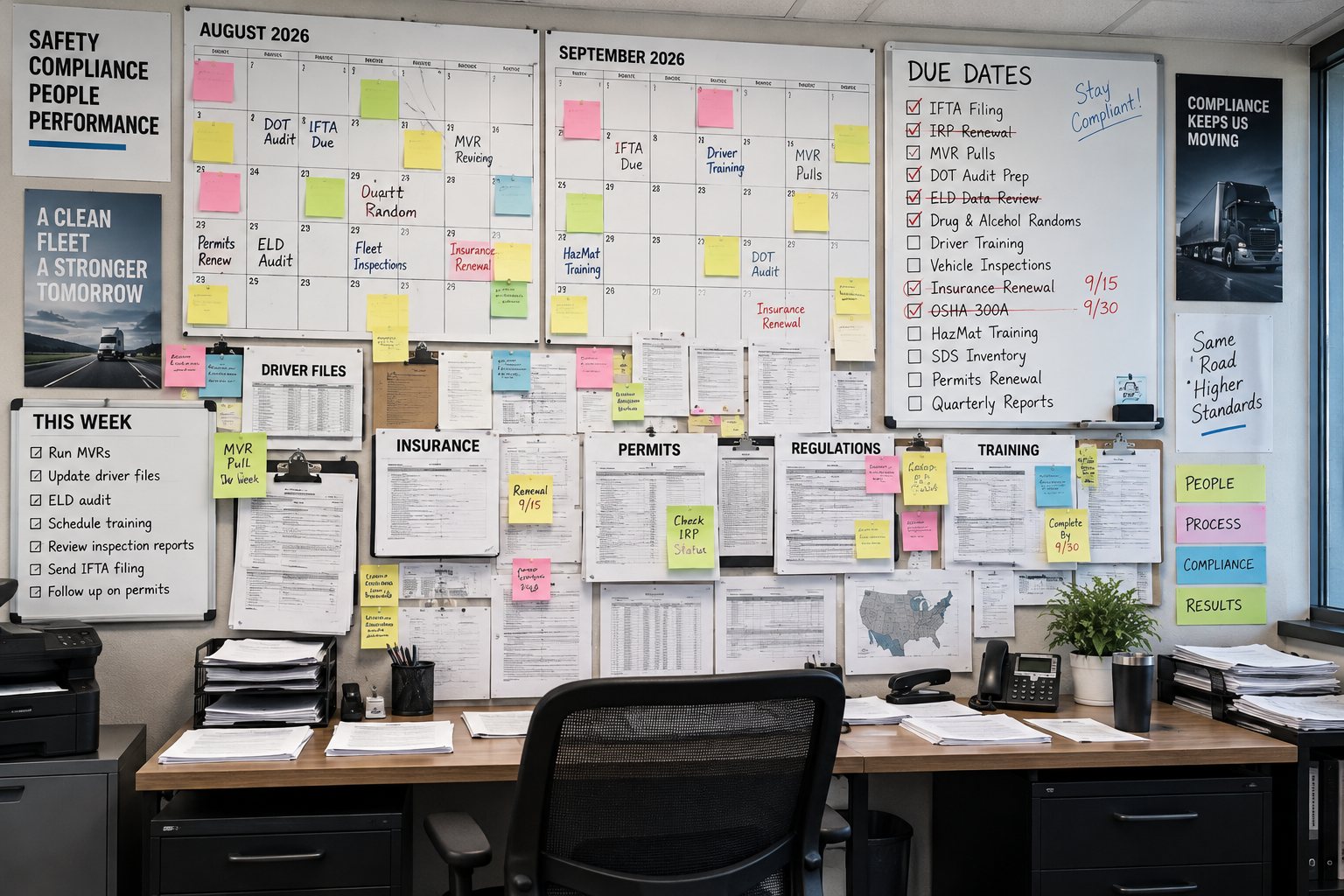A safety manager’s office wall covered edge to edge in calendars, clipboards, sticky notes and due-date lists: DOT audit, IFTA, MVR pulls, insurance renewal, HazMat training